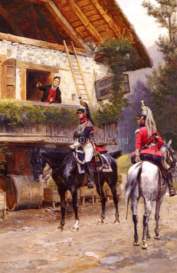 Mounted First-Empire Dragoons In Front Of A Country House - 爱德华·德太耶